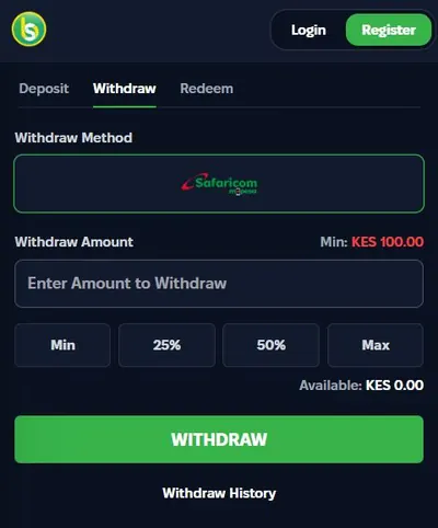 Spurbets Withdraw tab with Safaricom M-Pesa, Min, 25%, 50% and Max buttons
