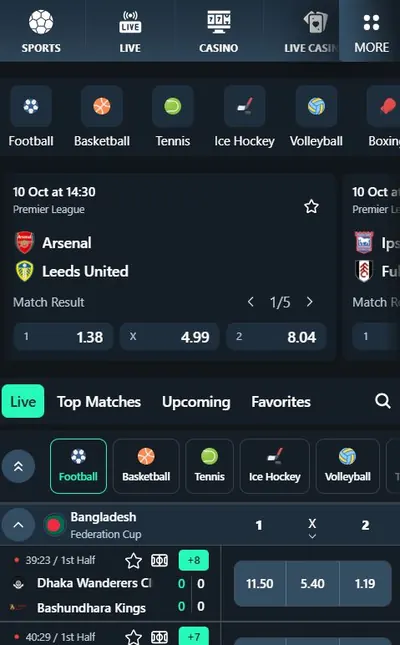 Spurbets sportsbook with Arsenal vs Leeds United odds of 1.38, 4.99 and 8.04